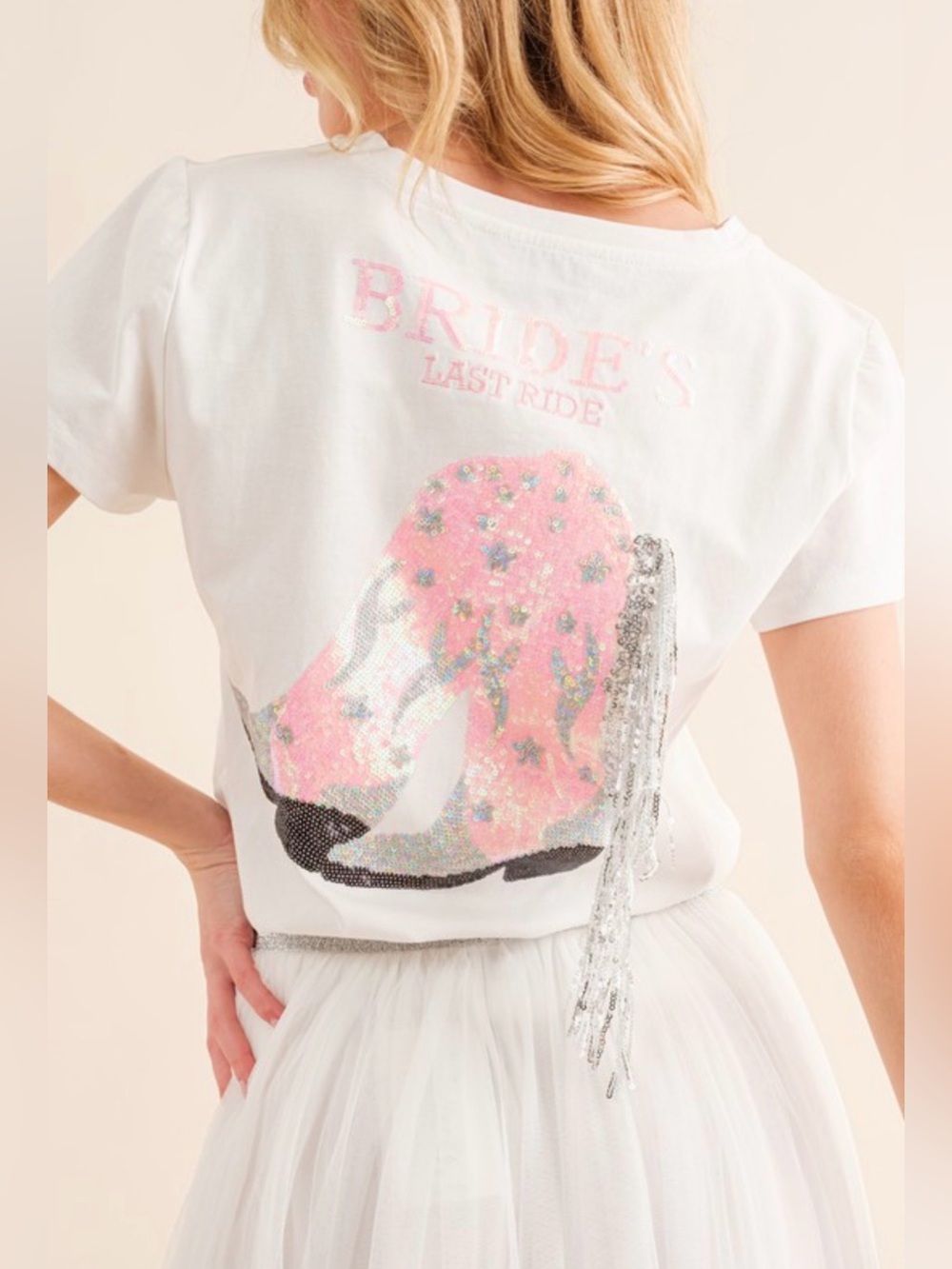 Bride Graphic Short Sleeve Tee in White with Pink Boot
